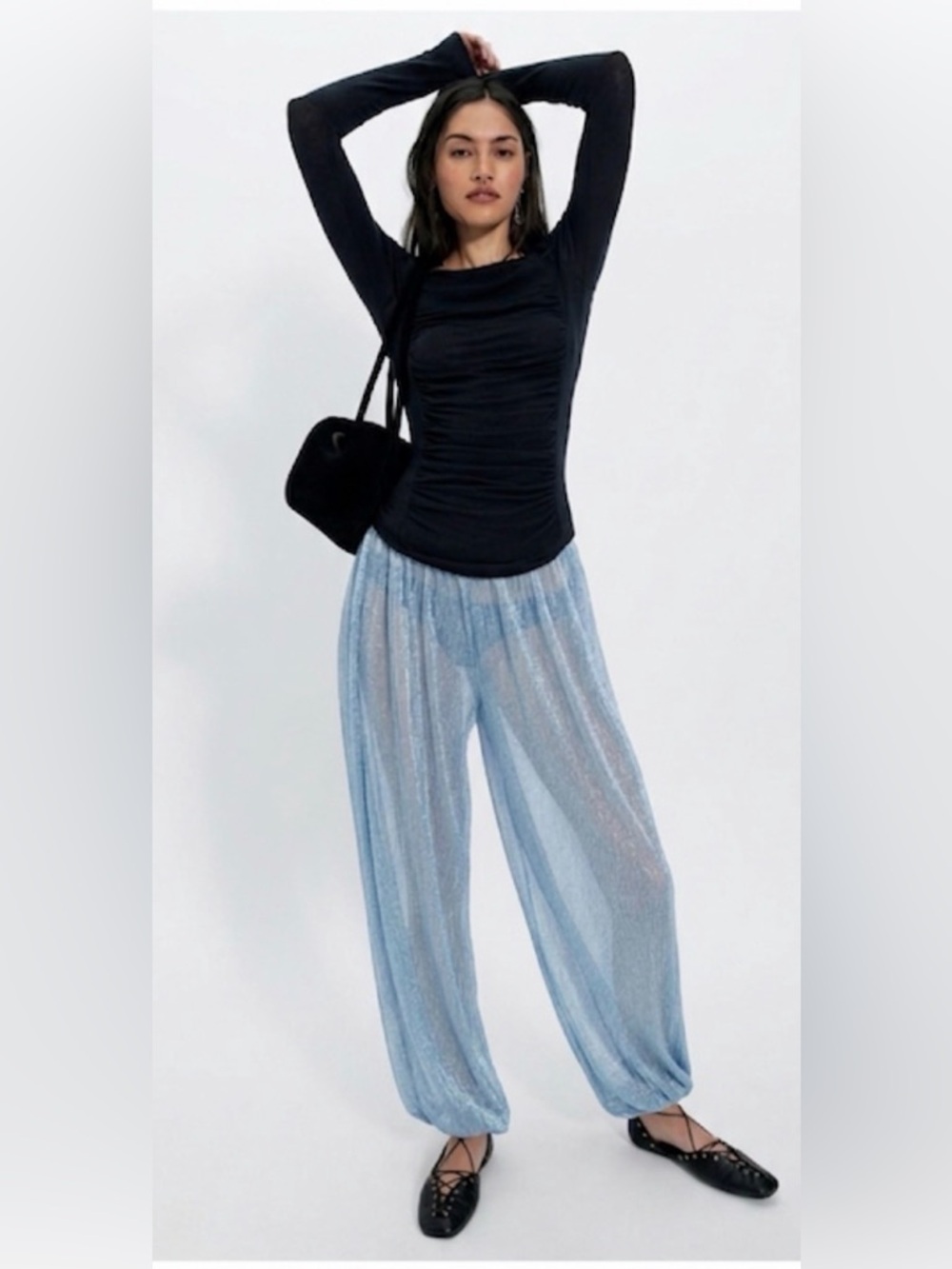 Free People Shimmer Metallic Balloon Pants. Aqua Mint: Metallic Baby Blue. Small - Picture 3 of 17